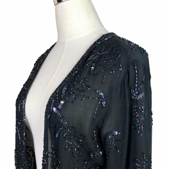 Vintage Judith Ann Embellished Blouse Black Silk Iridescent Sequins Beads Small - Picture 10 of 12